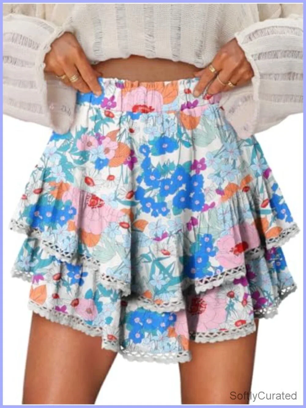 Flowy Ruffle Tiered Skort Shorts for Women with Lace Hem High Waisted